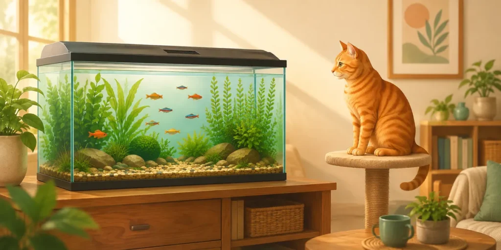Acuario petfriendly para la convivencia peces y gatos
