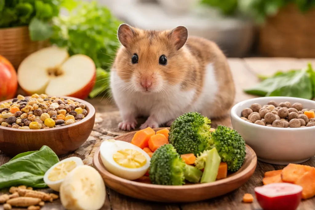 comida para hámster segura, con pienso, semillas y vegetales