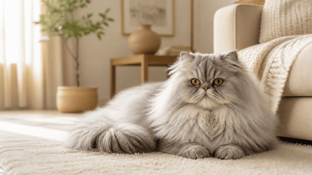 gato persa gris de pelo largo descansando en casa