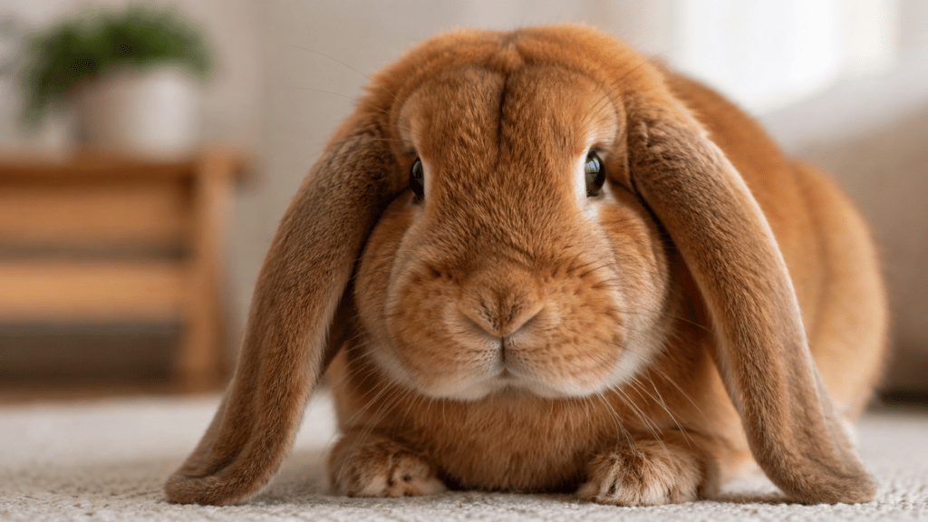 Primer plano de un conejo belier de color canela con sus características orejas caídas