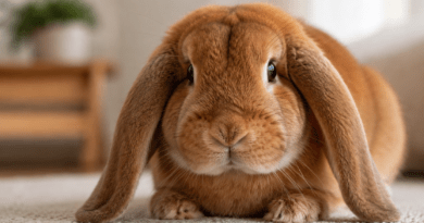 Primer plano de un conejo belier de color canela con sus características orejas caídas