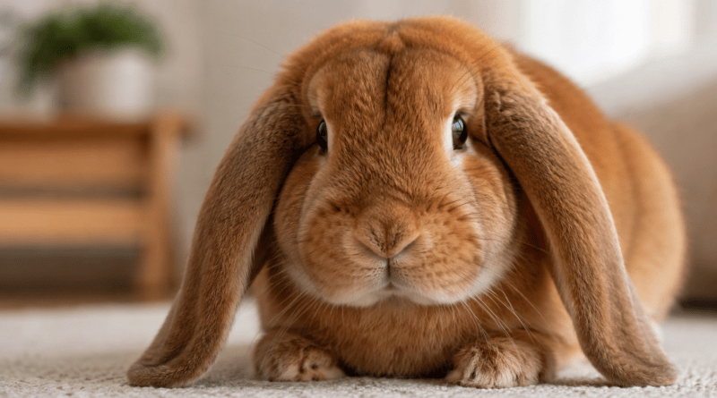 Primer plano de un conejo belier de color canela con sus características orejas caídas