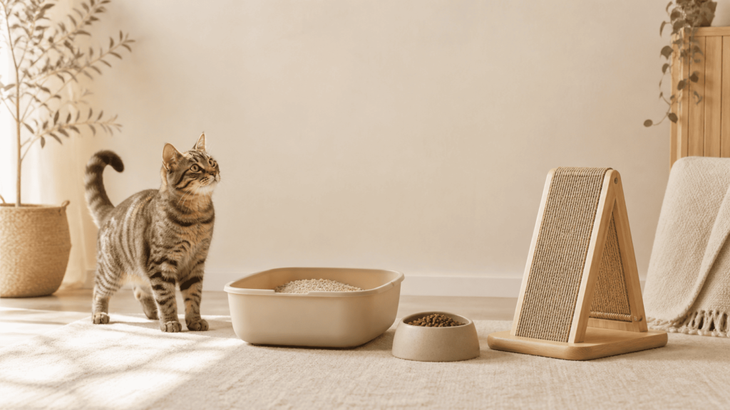 Kit esencial para dueños de gatos primerizos con rascador y arenero