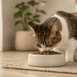Un gato sano comiendo su ración del mejor pienso para gato esterilizado en un cuenco cerámico.