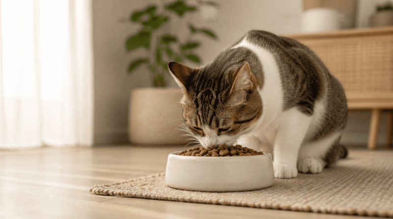 Un gato sano comiendo su ración del mejor pienso para gato esterilizado en un cuenco cerámico.