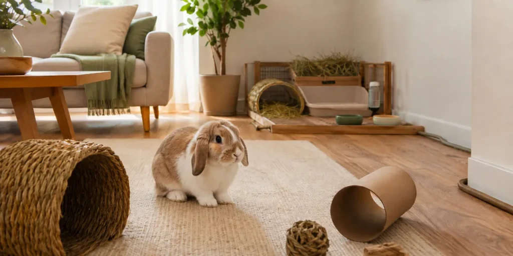 casa preparada para un conejo suelto por casa con cables protegidos