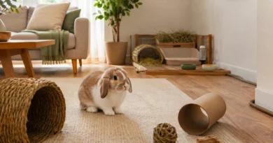 casa preparada para un conejo suelto por casa con cables protegidos