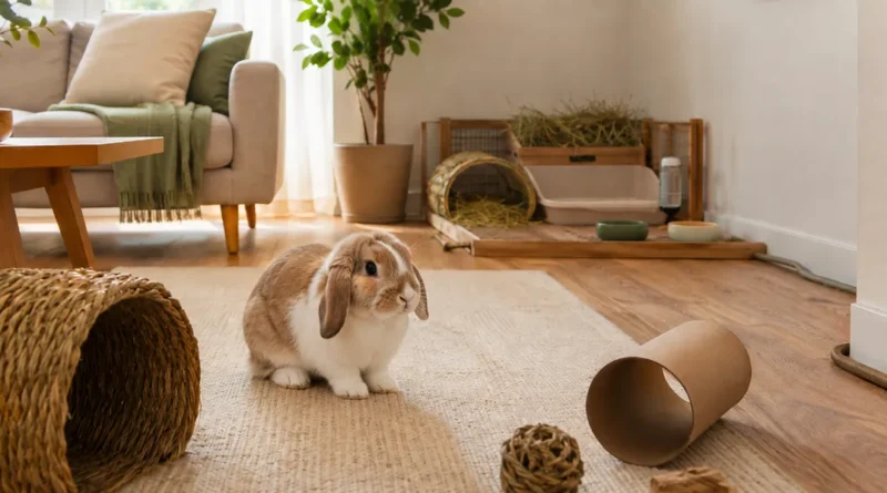 casa preparada para un conejo suelto por casa con cables protegidos