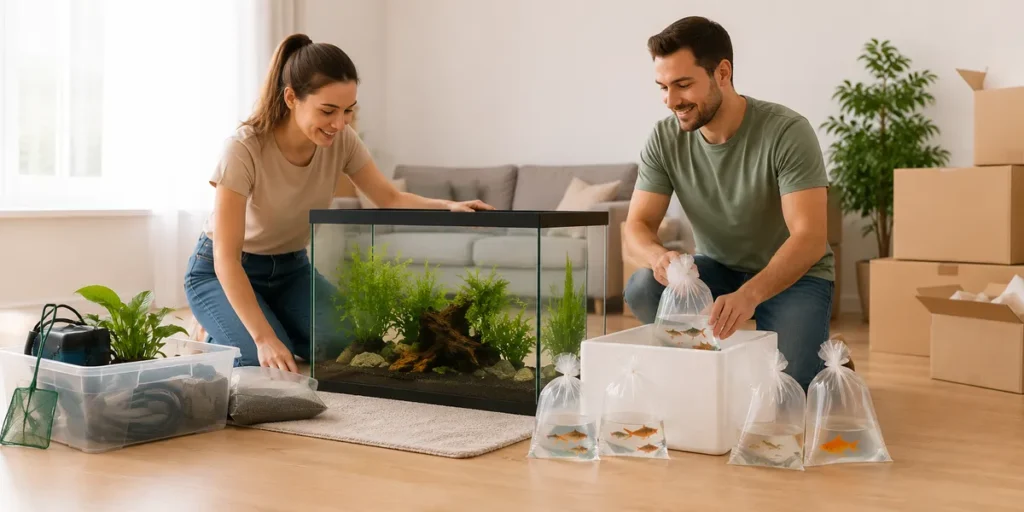 pareja preparando una mudanza con acuario y peces en recipientes de transporte