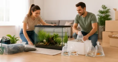 pareja preparando una mudanza con acuario y peces en recipientes de transporte