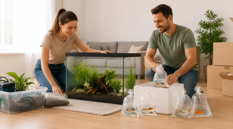 pareja preparando una mudanza con acuario y peces en recipientes de transporte