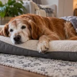 Perro senior con artrosis descansando en una cama accesible en casa