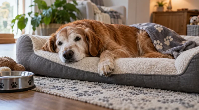 Perro senior con artrosis descansando en una cama accesible en casa