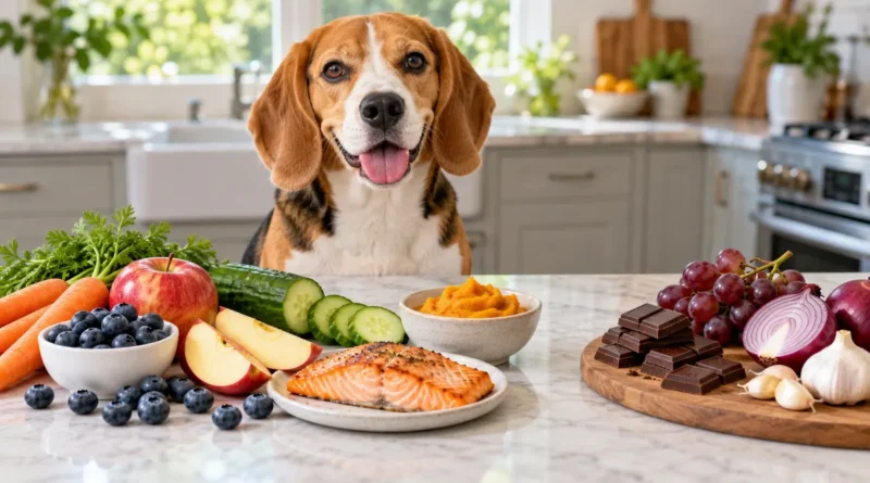 Alimentos tóxicos para perros: perro mirando chocolate y uvas en la mesa