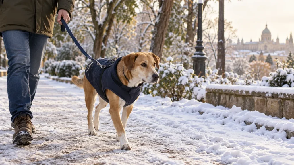 Cuidado de mascotas en invierno: perro con abrigo paseando por la nieve