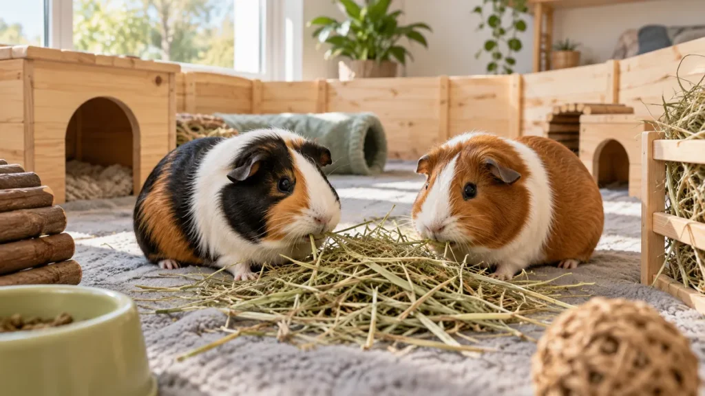 Cuidados de una cobaya: dos cobayas comiendo heno en un recinto amplio dentro de casa