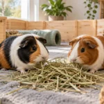 Cuidados de una cobaya: dos cobayas comiendo heno en un recinto amplio dentro de casa