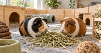 Cuidados de una cobaya: dos cobayas comiendo heno en un recinto amplio dentro de casa